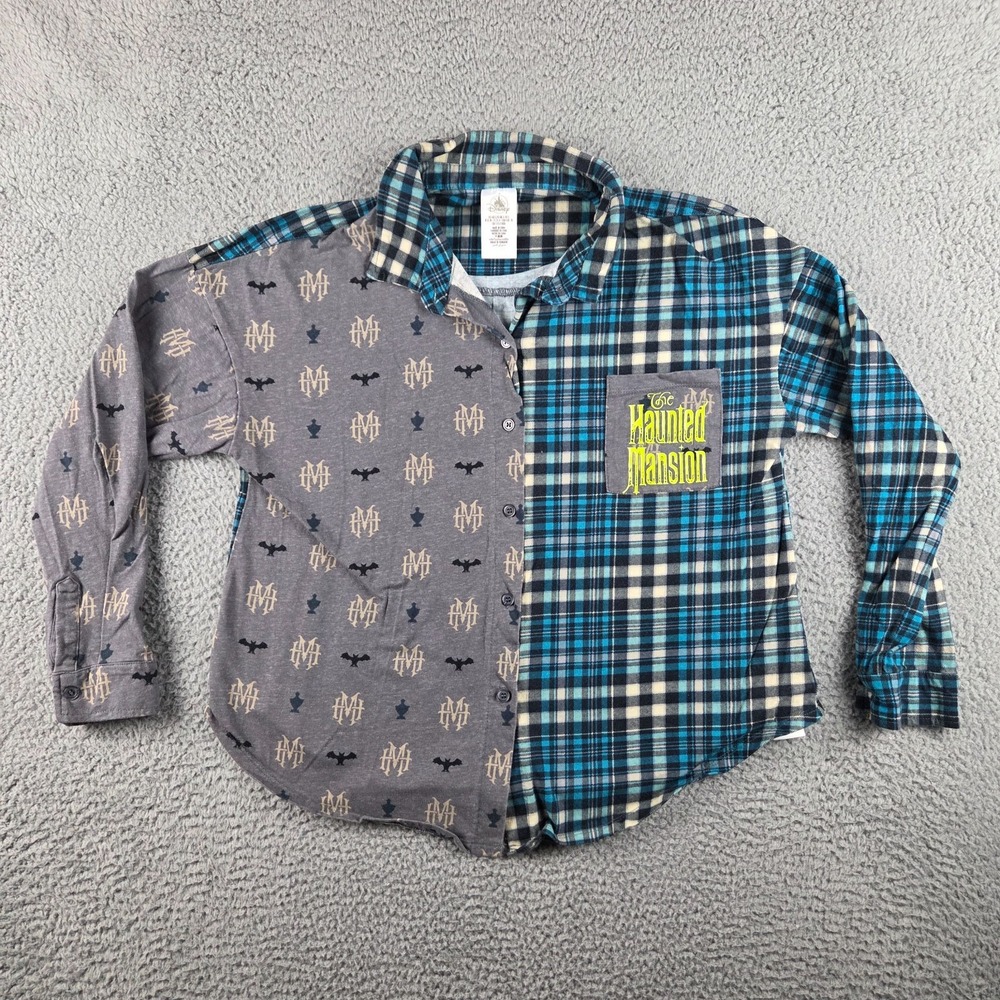 Disney‎ Haunted Mansion Button Up L/S Flannel Shirt Womens Large Blue Gray